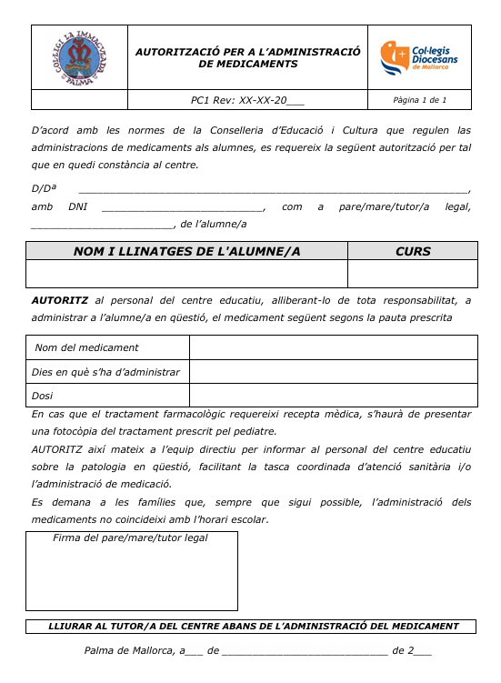 autiritzacio per a ladministracio medicaments immaculada