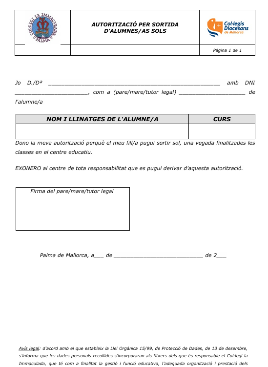 autoritzacio per sortidas immaculada