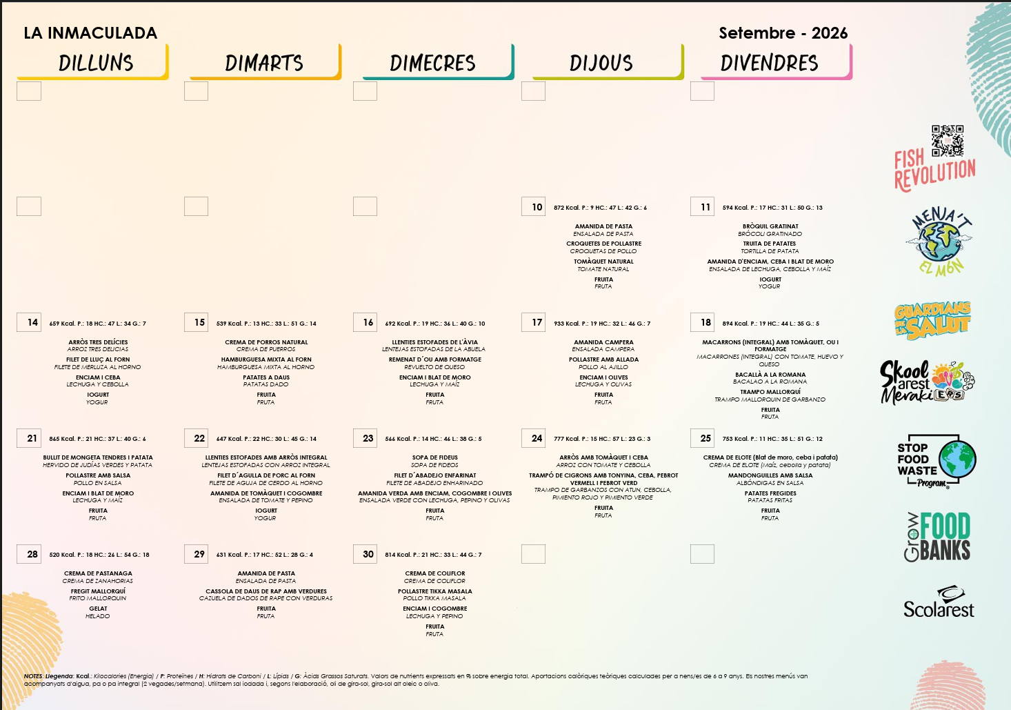 menu setembre 2026 immaculadapm