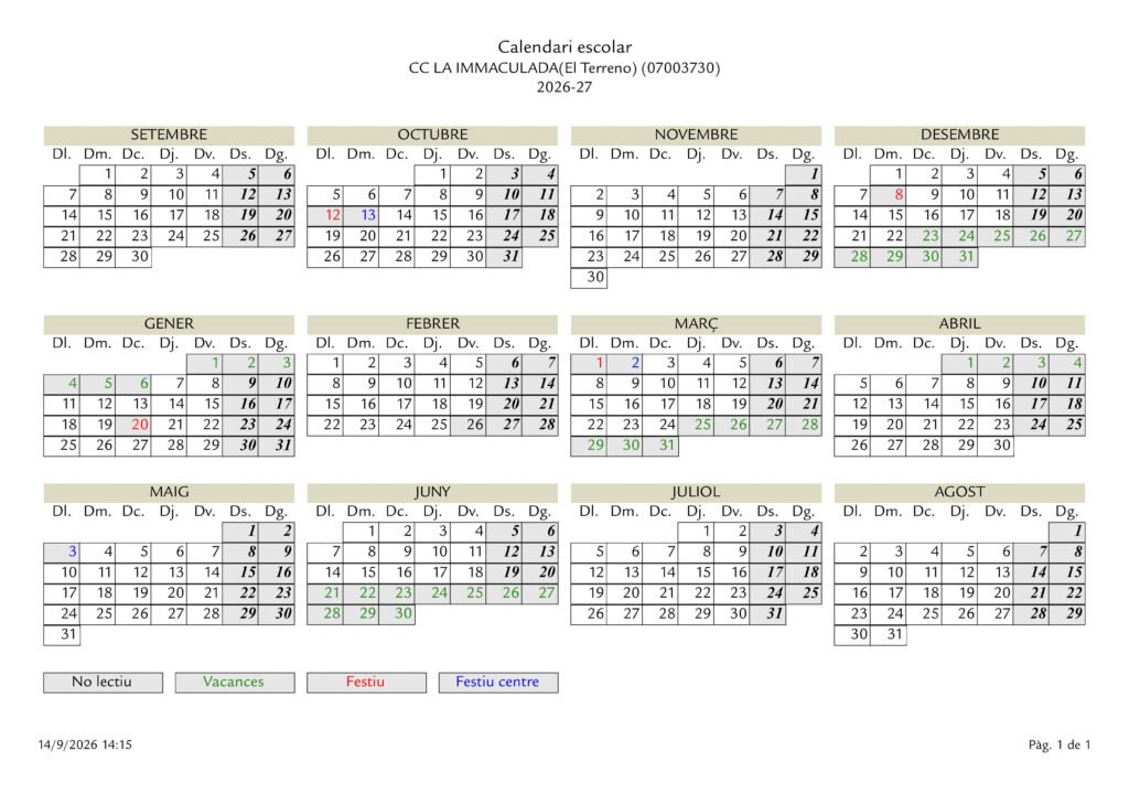 calendari escolar cc la immaculada 26 27 2